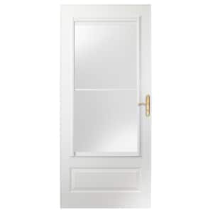 34 in. x 80 in. 400 Series White Universal Self-Storing Aluminum Storm Door with Brass Hardware