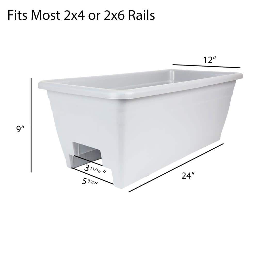 White 24-Inch Plastic Deck Rail Planter Box with Drainage Plugs