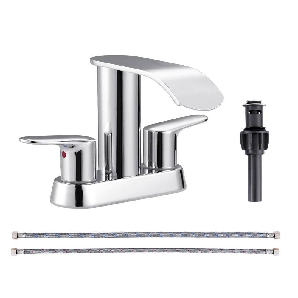 4 in. Centerset Double Handle Waterfall Bathroom Faucet with Drain Kit and Supply Lines Included in Polished Chrome price history on PriceWatchPro
