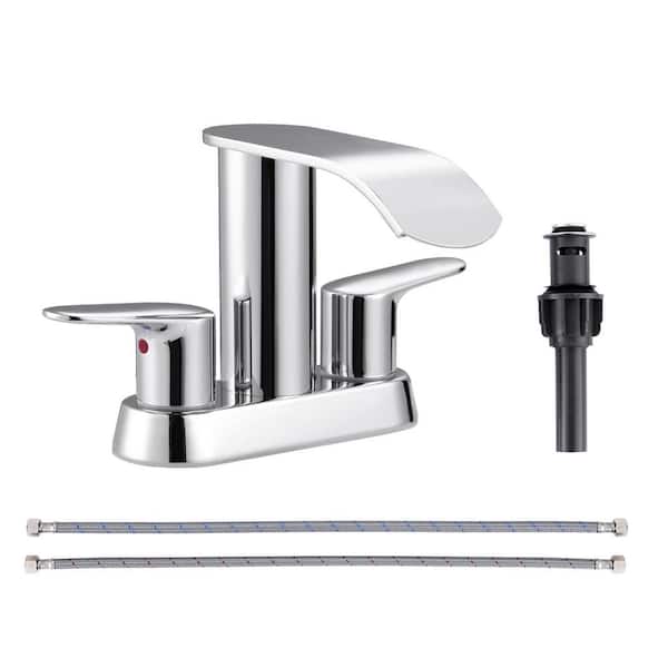 AVITAS 4 in. Centerset Double Handle Waterfall Bathroom Faucet with Drain Kit and Supply Lines Included in Polished Chrome
