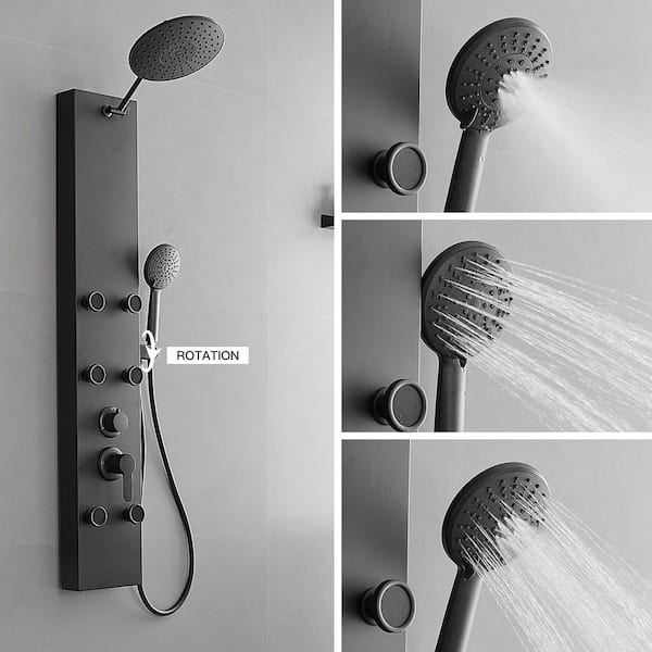3-in-1, 6-Jet Shower Panel Tower System with Adjust Rainfall Waterfall Shower Head, and Massage Body Jets in Matte Black