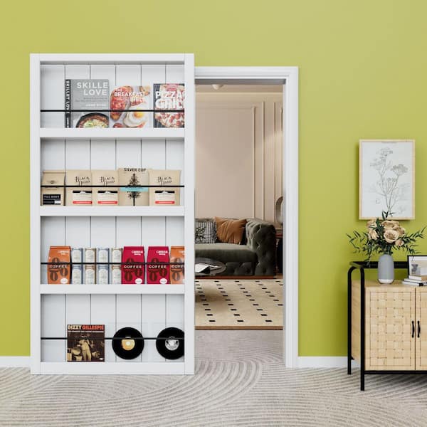 EH PUERTA 42 in. x 84 in. White Primed Composite MDF Shelves Sliding Barn Door with Hardware Kit and Soft Close