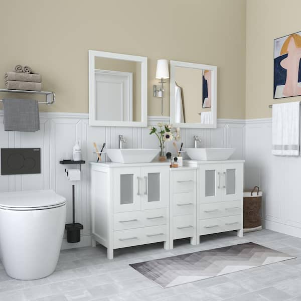 Ravenna 60 in. W Bathroom Vanity in White with Double Basin in White Engineered Marble Top and Mirror