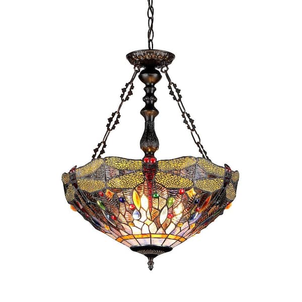 Chloe Lighting Dragan 3-Light Chrome Inverted Tiffany-Style Ceiling Dragonfly Pendant with 18 in. Shade