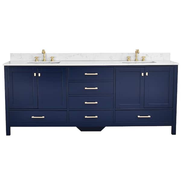 Bath Mist 84 in. W. Double Sink Freestanding Bath Vanity in Blue with White Engineered Top