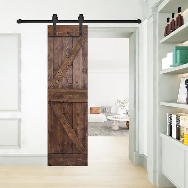 ISLIFE K Style 30 in. x 84 in. Dark Walnut Finished Solid Wood Sliding Barn Door Slab - Hardware Kit Not Included