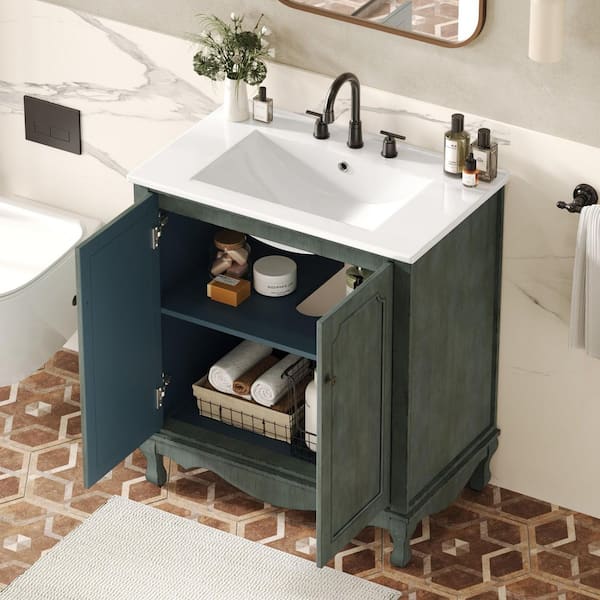 30 in. Single Sink Freestanding Antique Blue Bath Vanity with White Ceramic Top and Door Storage Cabinet Unassembled