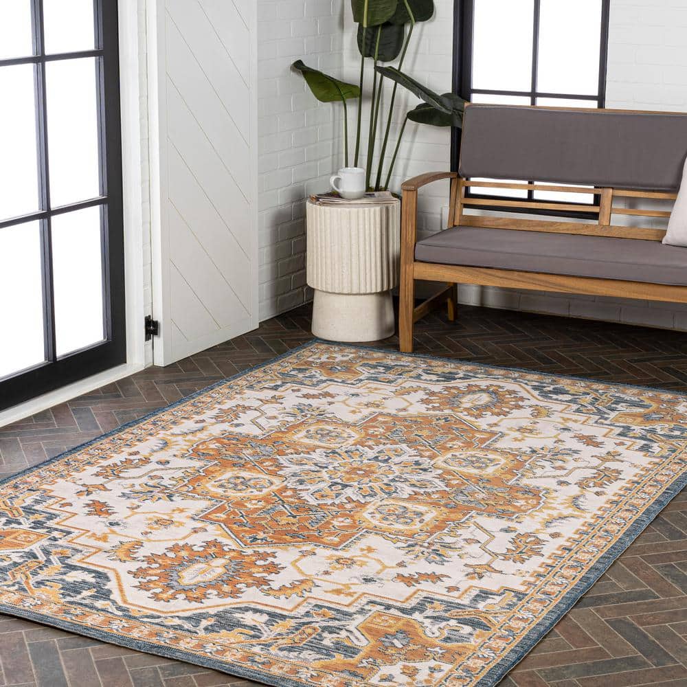 Bijan Terra Blue Cream Medallion Washable Reversible Rug 5x8