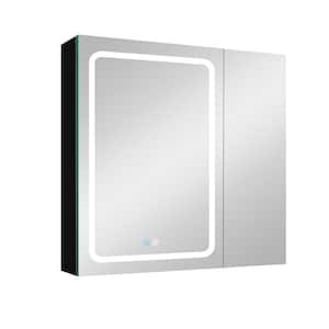 30 in. W x 30 in. H Rectangular Surface Mount Double Door LED Lighted Medicine Cabinet with Mirror Dimmer Black