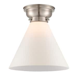 Aditi Cone 12 in. 1-Light Brushed Satin Nickel Flush Mount with Matte White Glass Shade