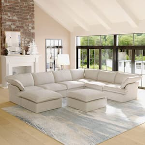 163 in. Overstuffed Down Filled Comfort Linen Flannel U-shape 8-Seat Sofa Modular Sectional with Ottoman, Beige