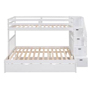 56 in. W Twin Over Twin/Full Bunk Bed with Twin Size Trundle and Staircase, Plywood plus Pinewood, White