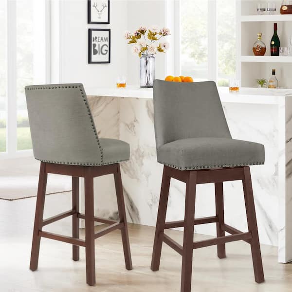 29.53 in Back Swivel Velvet Grey Bar Stool with Rubber Wood Frame (Set of 2)