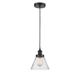 Cone 1-Light Matte Black Shaded Pendant Light with Seedy Glass Shade
