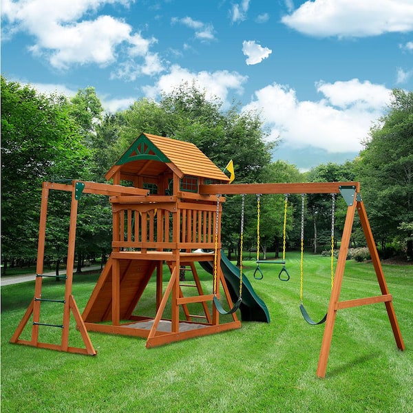 Professionally Assembled Outing III Kids Wooden Outdoor Playground Set with Wood Roof, Monkey Bars, Slide, and Swing Set
