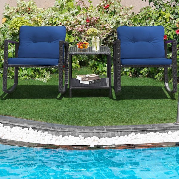 Outdoor 3 Pieces Rattan Rocking Chair Set With Navy Cushions