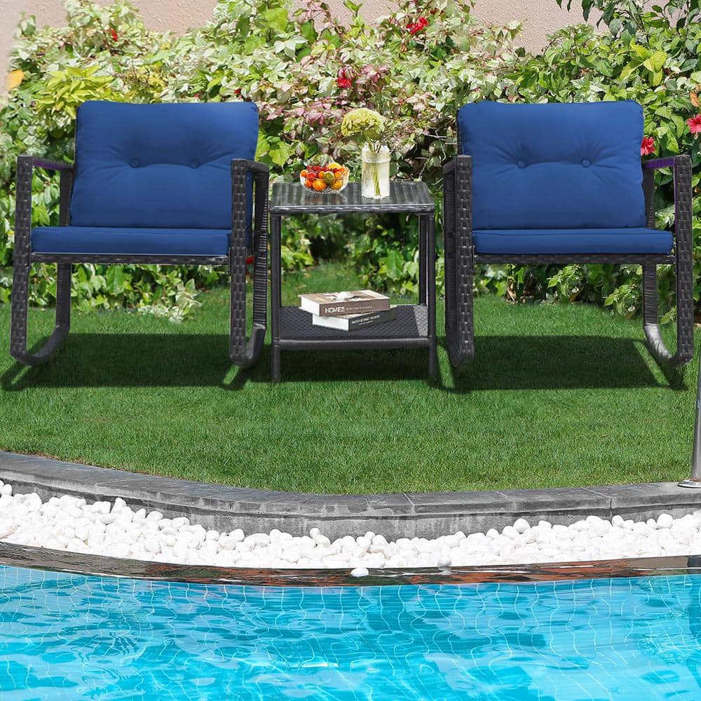 Outdoor 3 Pieces Rattan Rocking Chair Set With Navy Cushions