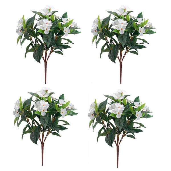Artificial White Impatiens Bouquet Flowers Garden Statue, 4-Pack