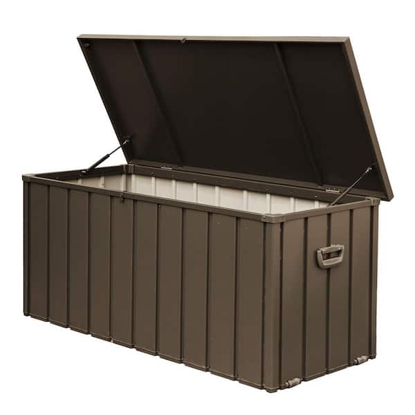 150 Gal. Brown Steel Deck Box Large Outdoor Storage Box Waterproof, Outside Deck Box with Lockable Lid for Garden Tools