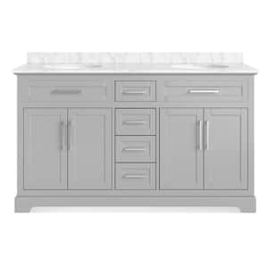 Wellington 60 in. W x 21.5 in. D x 35 in. H Double Sink Freestanding Bath Vanity in Gray with White Carrara Marble Top