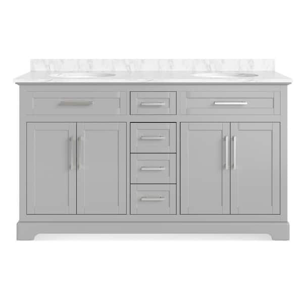 Wellington 60 in. W x 21.5 in. D x 35 in. H Double Sink Freestanding Bath Vanity in Gray with White Carrara Marble Top