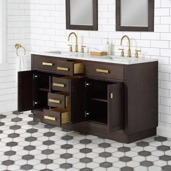 Chestnut 60 in. W x 21.5 in. D x 34.2 in. H Double Sink Bath Vanity in Brown Oak with Carrara White Marble Top