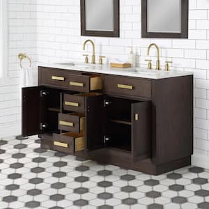 Chestnut 60 in. W x 21.5 in. D Vanity in Brown Oak with Marble Vanity Top in White with White Basin and Mirror