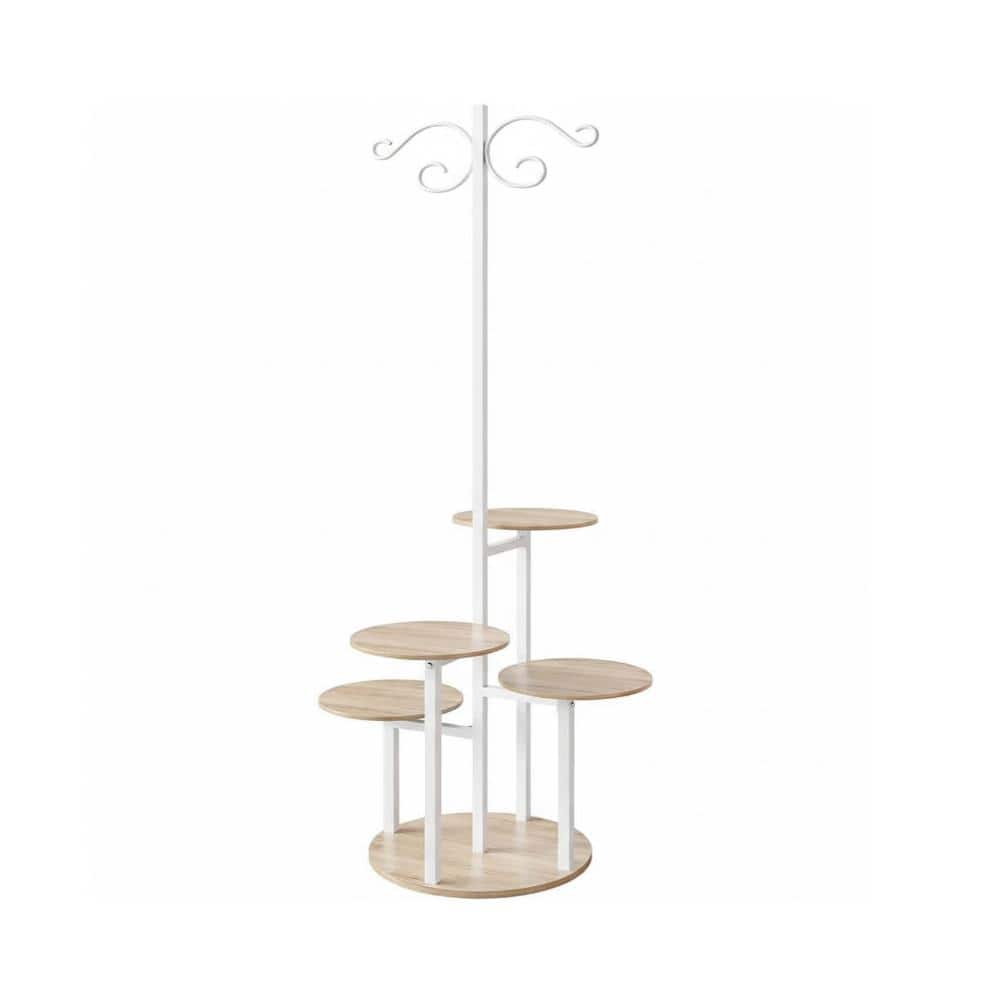 5 Tier White+Sonoma Oak Wood Plant Stand with hook (20 in. W x