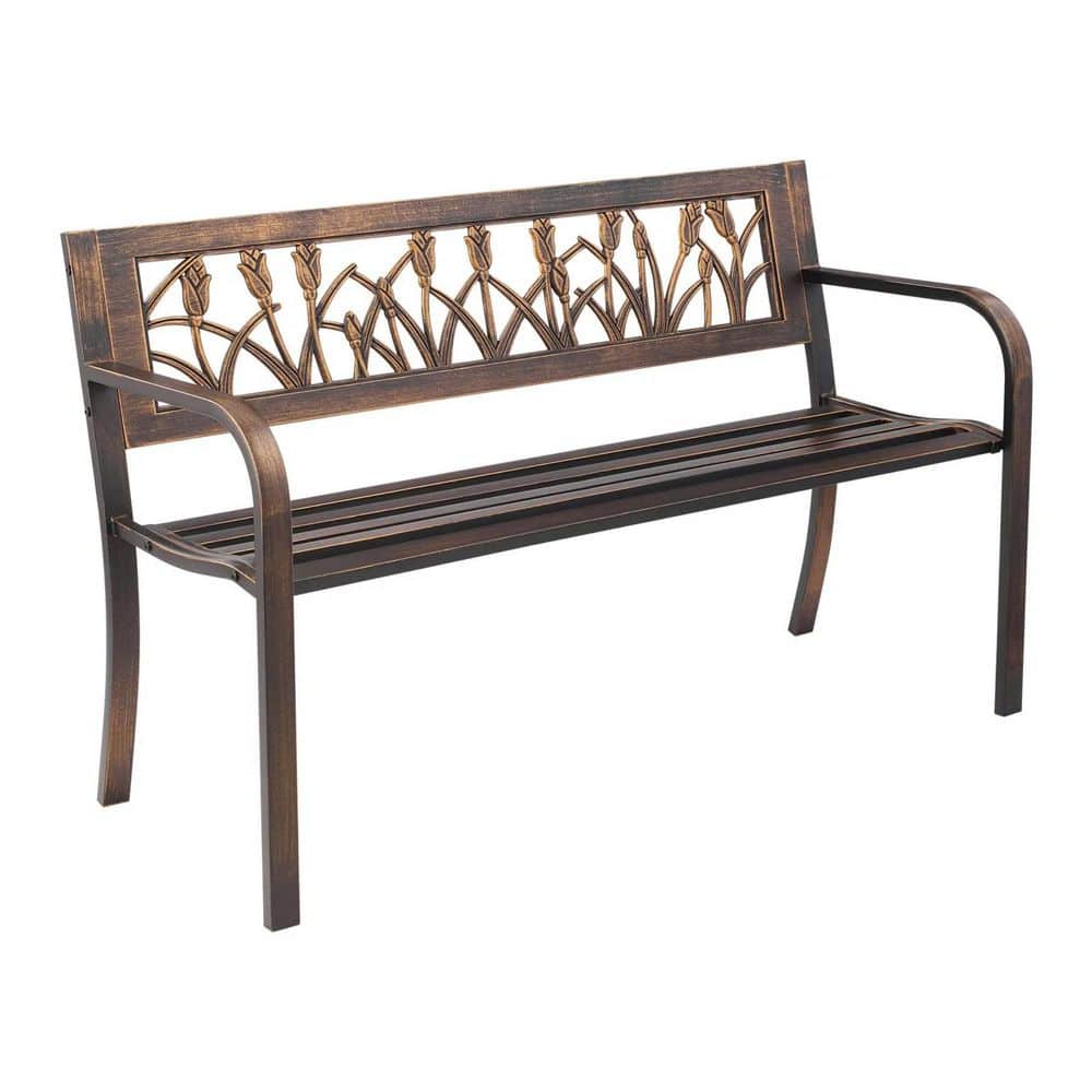 Outdoor Carbon Steel Metal Frame, 50 in., Pattern Backrest and Round Edge Armrests, Weatherproof Bench Antique Bronze price history on PriceWatchPro