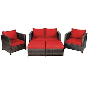 5-Piece Wicker Patio Conversation Set with Red Cushions and 2 Ottomans