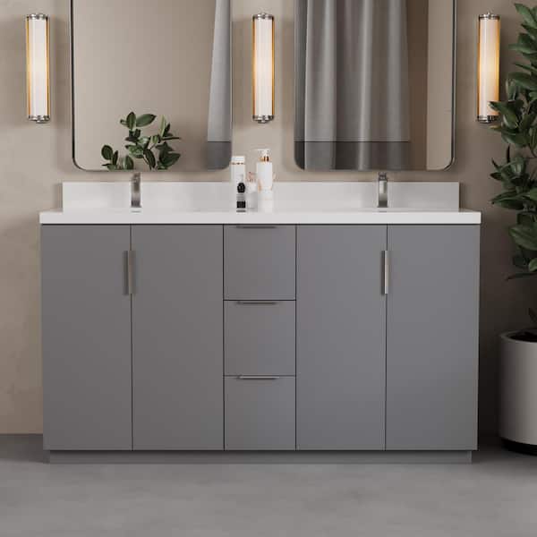 Bergen 60in. Double Sink, Gray Bath Vanity with White Engineered Stone Top.
