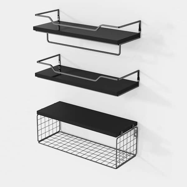 Unbranded 15.7 in. W x 5.9 in. D Black Rustic Decorative Wall Shelf Over Toilet with Paper Storage Basket (Set of 3)