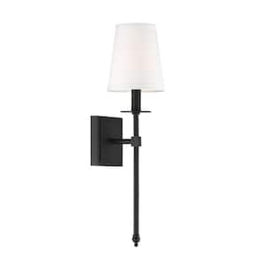 Monroe 5 in. W x 20 in. H 1-Light Matte Black Wall Sconce with Soft White Fabric Shade