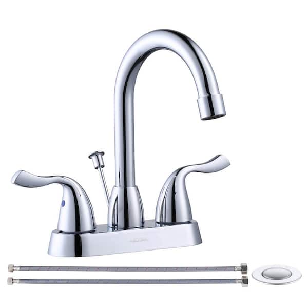 4 in. Centerset Double Handle High Arc Bathroom Faucet with Lift Rod Drain and Supply Lines in Polished Chrome