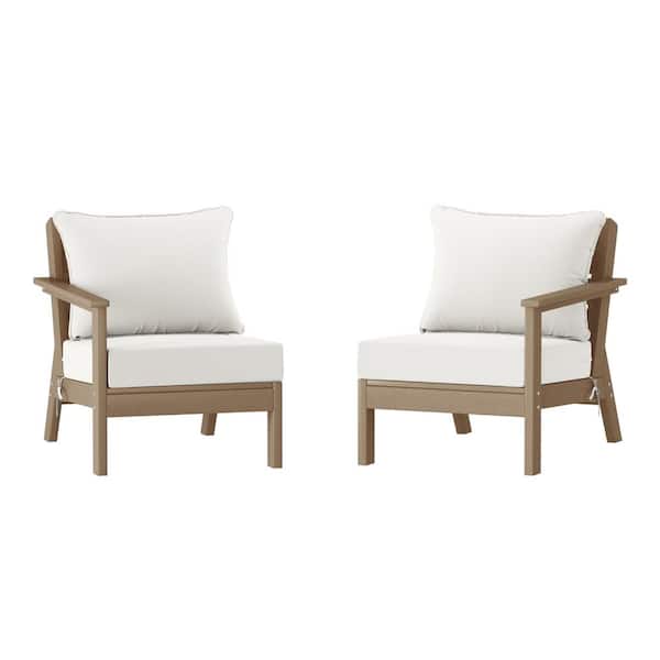WESTIN OUTDOOR Birchwood Weathered Wood Arrangeable Outdoor Patio 2-Piece Deep Seating HDPE Loveseat Arm Chair Set with White Cushions