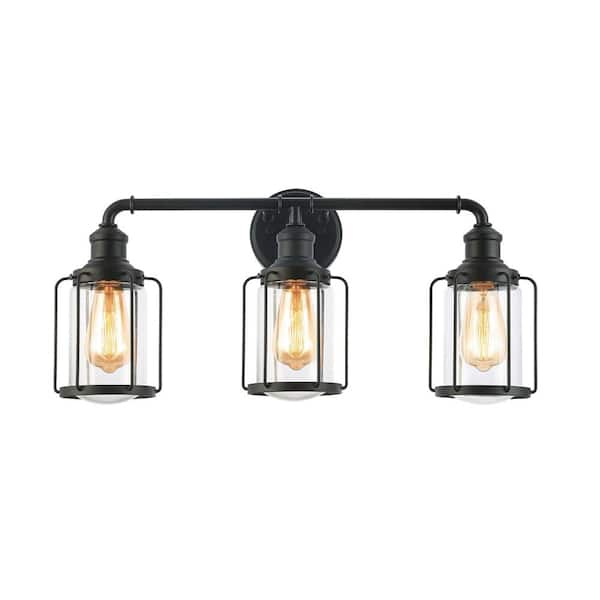 Jushua 24 in. W 3-Light Matte Black Vanity Light with Clear Glass Shade