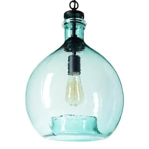 21 in. H and 13 in. W 1-Light Black Wavy Hammered Hand Blown Glass Pendant with Green Glass Shade