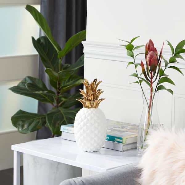 CosmoLiving by Cosmopolitan 4 in. x 10 in. White Porcelain Pineapple Fruit Sculpture with Gold Leaves