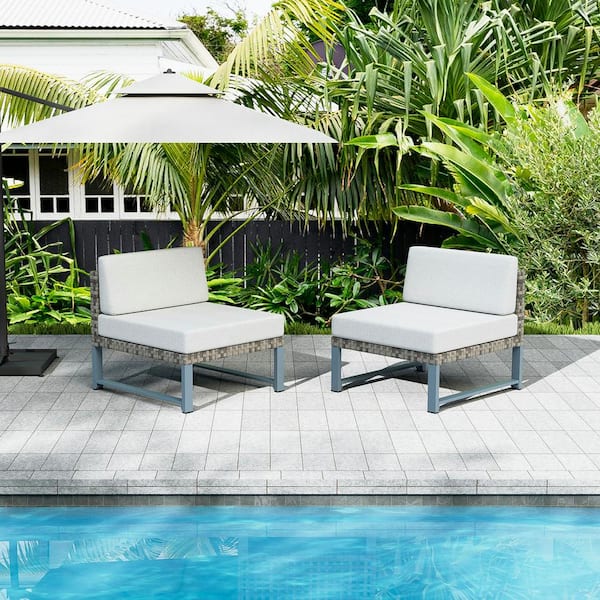 Unbranded Metal 2-Piece Outdoor Patio Furniture Sectional Sofa Brown Wicker Middle Chairs with Light Gray Cushions