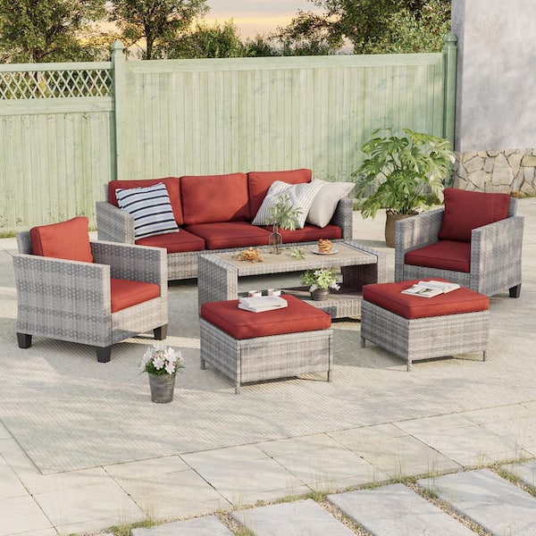 Sonkuki 6-Piece Patio Sofa Set Gray Wicker Outdoor Furniture Set with Coffee Table, Rust Red