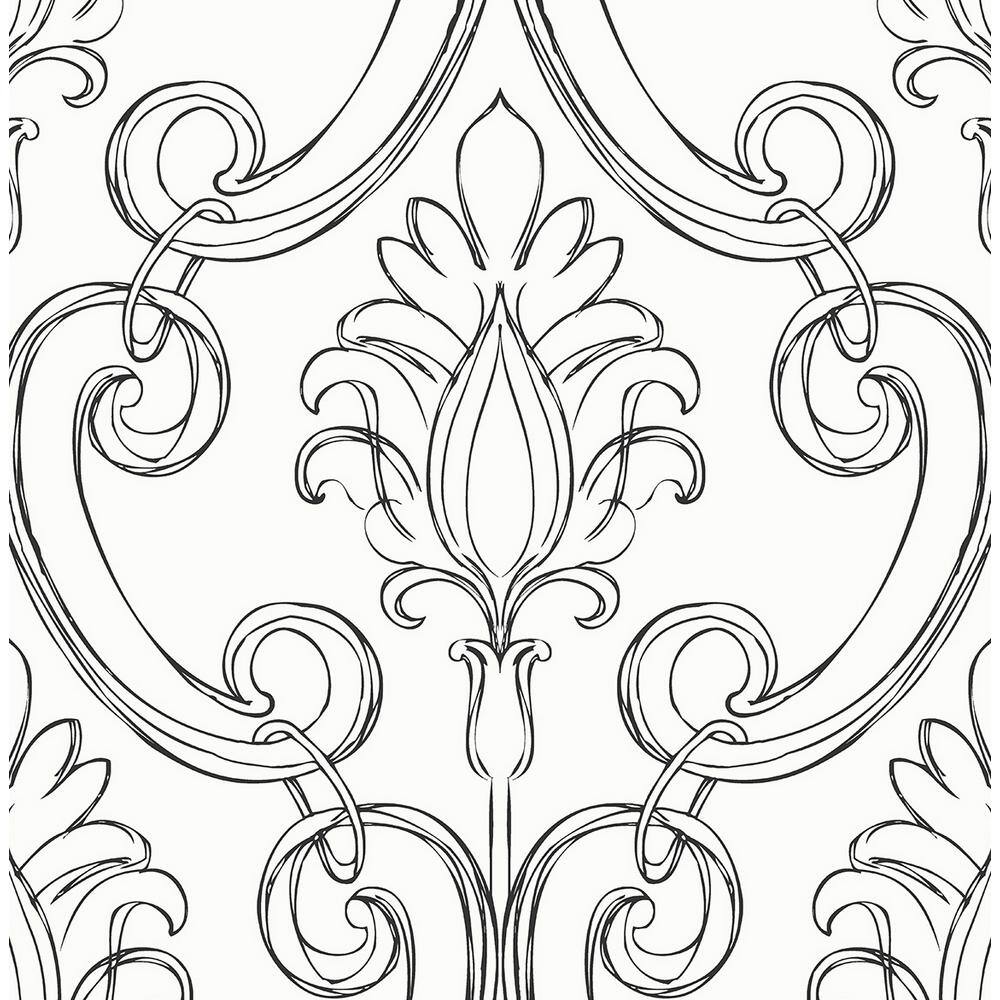 Ebony and White Damask Peel and Stick Wallpaper