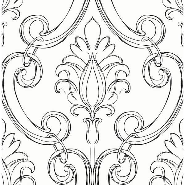 NextWall Sketched Damask Ebony Classical Peel and Stick Wallpaper (Covers 30.75 sq. ft.)