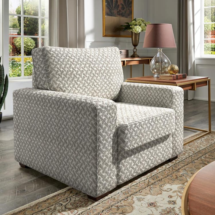 HomeSullivan White and Gray Herringbone Pattern Fabric Upholstered Square Arm Sofa