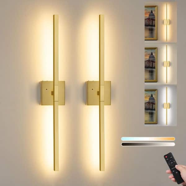 Morauroral 24 in. Brushed Gold Rechargeable Battery Operated Wall Sconce (Set of 2) 360° Rotatable Dimmable Wall Light with Remote