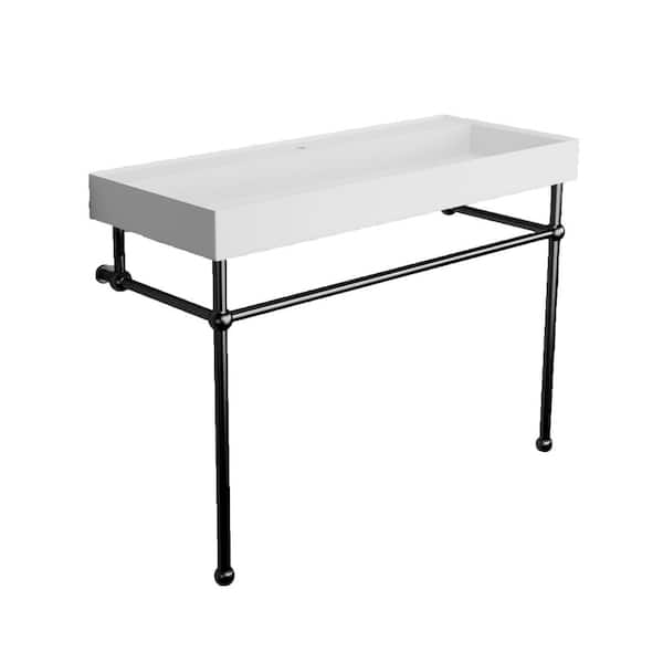 FAMYYT 47.2 in. Bathroom Solid Surface Console Sink White Basin with Black Stainless Steel Stand