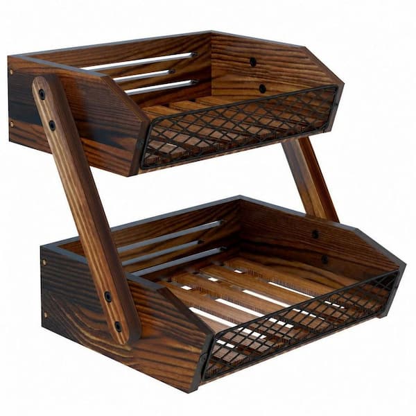 2 Tier Rustic Wooden Fruit Basket, Stackable Countertop Fruit Bowl Vegetable Bread Storage Organizer for Kitchen Counter
