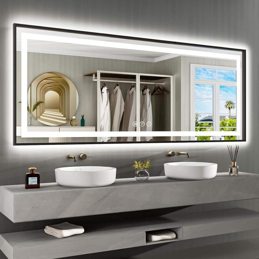 84 in. W x 32 in. H Rectangular Framed Front and Back LED Lighted Anti-Fog Wall Bathroom Vanity Mirror in Tempered Glass price history on PriceWatchPro