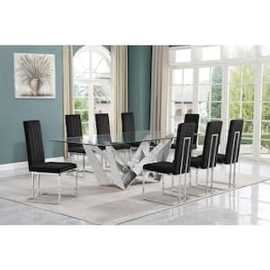 Meryl 9-Piece Rectangular Glass Top Stainless Steel Dining Set With 8 Black Velvet Fabric Chrome Iron Leg Chairs