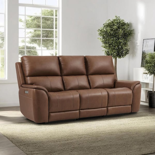 Theodore 86.5 in. 3 Seats Pillow Top Arm Genuine Leather Power Reclining Zero Gravity Rectangle Sofa in. Light Brown