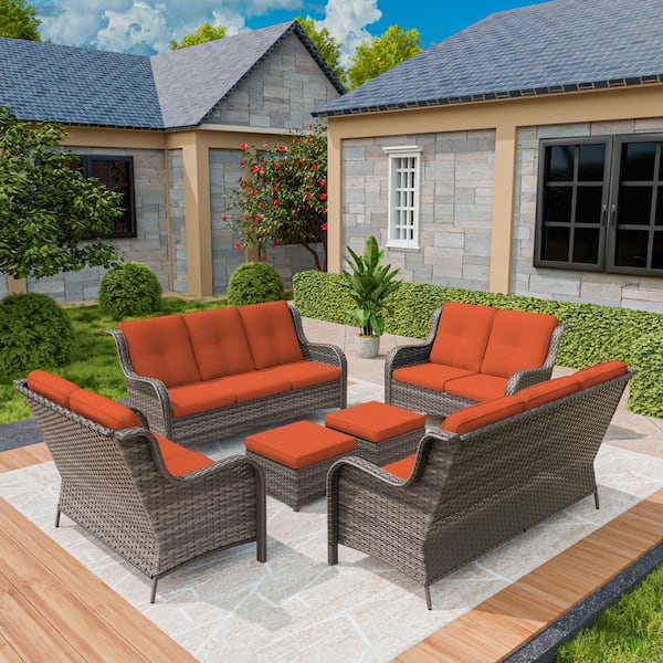 MeetLeisure Patio Furniture Set 6 Pieces Outdoor Wicker Sectional Sofa with Orange Cushions